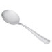 A Libbey Cortland stainless steel bouillon spoon with a silver handle on a white background.
