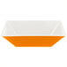 A white square bowl with orange and white interior.