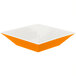 A white square melamine bowl with orange edges.