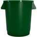 A green plastic Carlisle Bronco commercial trash can with handles.