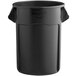 A black Rubbermaid BRUTE 55 gallon plastic trash can with the lid open.