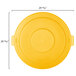 A yellow plastic lid for a Carlisle Bronco 55 gallon trash can with measurements.