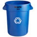 A blue Rubbermaid Brute recycling can with the logo on it.