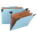 Two blue Smead FasTab hanging classification folders with 2/5 cut right of center tabs.