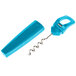 A turquoise plastic bottle opener with a corkscrew and spiral.