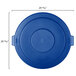 A blue plastic Carlisle Bronco lid for a 55 gallon round trash can with measurements.