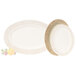 A white oval melamine platter with a gold rim.