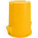A yellow plastic Carlisle Bronco trash can with a lid.