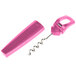 A pink Franmara plastic corkscrew and bottle opener with a metal handle.