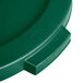 A close up of a green Carlisle Bronco trash can lid with a plastic handle.