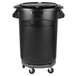 A black Rubbermaid BRUTE trash can with wheels.