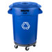 A blue Rubbermaid BRUTE recycling can with wheels and a white recycling symbol lid.