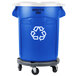 A blue Rubbermaid recycling bin with wheels and a white lid.