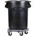 A black Rubbermaid BRUTE trash can with a lid and dolly.