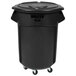 A black Rubbermaid BRUTE 55 gallon garbage can with wheels and a lid.