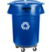 A blue Rubbermaid BRUTE recycling can with wheels.