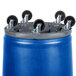 A blue Rubbermaid BRUTE recycling barrel with wheels and black handles.