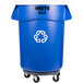 A blue Rubbermaid recycling can with wheels and a white lid.