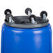 A blue Rubbermaid recycling barrel with black wheels.