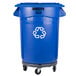 A blue Rubbermaid recycling can with wheels.