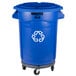 A blue Rubbermaid BRUTE recycling can with wheels and a recycle symbol on it.