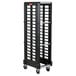 A black Rubbermaid steam table pan rack with many metal bars.
