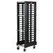 A black plastic Rubbermaid rack with wheels and metal rods.