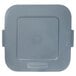 A Rubbermaid grey square lid with a logo on it.