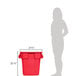 A woman standing next to a red Rubbermaid Brute trash can.
