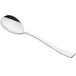 An Arcoroc stainless steel dinner spoon with a silver handle.