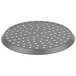 An American Metalcraft 12" Super Perforated Hard Coat Anodized Aluminum Pizza Pan with a round metal surface and holes.