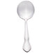 A close-up of a Libbey stainless steel bouillon spoon with a handle.