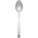 An Arcoroc stainless steel dessert spoon with a long handle on a white background.