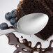 A dessert spoon on a plate with a piece of chocolate cake and blueberries.