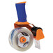 A Duck Tape packaging tape dispenser with an orange and blue pistol grip and wheel.