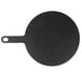 An Epicurean round black slate pizza board with a handle.