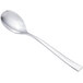 An Arcoroc stainless steel demitasse spoon with a silver handle.