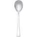 An Arcoroc stainless steel dessert spoon with a long black handle on a white background.