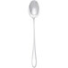 A silver spoon with a black handle on a white background.