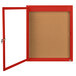 A red Aarco enclosed bulletin board with a glass door and lock.