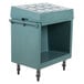 A blue plastic Cambro tray and dish cart with wheels and a lid.