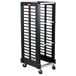 A black Rubbermaid ProServe sheet pan rack with metal shelves and wheels.