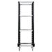 A black Rubbermaid rack with metal shelves.