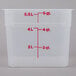 A translucent plastic Cambro food storage container with red measurements.
