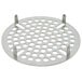 A stainless steel circular strainer with holes.