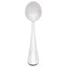 A Libbey stainless steel round bowl soup spoon with a white handle.