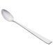 A stainless steel Libbey iced tea spoon with a white handle and silver tip on a white background.