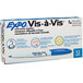A box of 12 Expo Vis-a-Vis blue fine point markers.
