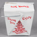 A white Fold-Pak Chinese take-out box with red writing.
