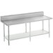 A white rectangular Advance Tabco stainless steel work table with a backsplash and galvanized undershelf.